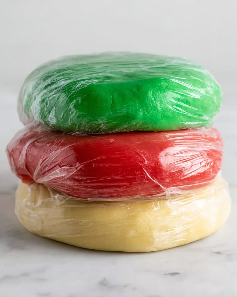 Three layers of dough wrapped in clear plastic wrap sit stacked on top of each other on a white marbled surface. The bottom layer is smooth and pale yellow, the middle layer is smooth and bright red, and the top layer is smooth and vivid green. Each layer has a slightly uneven round shape, with the plastic wrap gently pressed against the dough, showing slight wrinkles and reflections. The overall look is neat and colorful, with the green layer casting a slight shadow on the red, and the red layer casting a shadow on the yellow. photo taken with an iphone --ar 4:5 --v 7