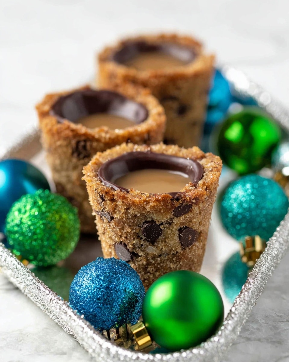 There are three cookie shots standing upright in a row on a shiny silver tray with Christmas tree ornaments around them. Each cookie shot has a rough, crumbly brown texture with visible dark chocolate chips inside and is shaped like a small cup with a hollow center. The inside top edge is lined with smooth, dark chocolate, and the hollow center is filled with a light brown liquid. The background and surface are white with a marble texture. The bright, colorful ornaments in green, blue, turquoise, and gold add a festive touch around the cookie shots. Photo taken with an iphone --ar 4:5 --v 7