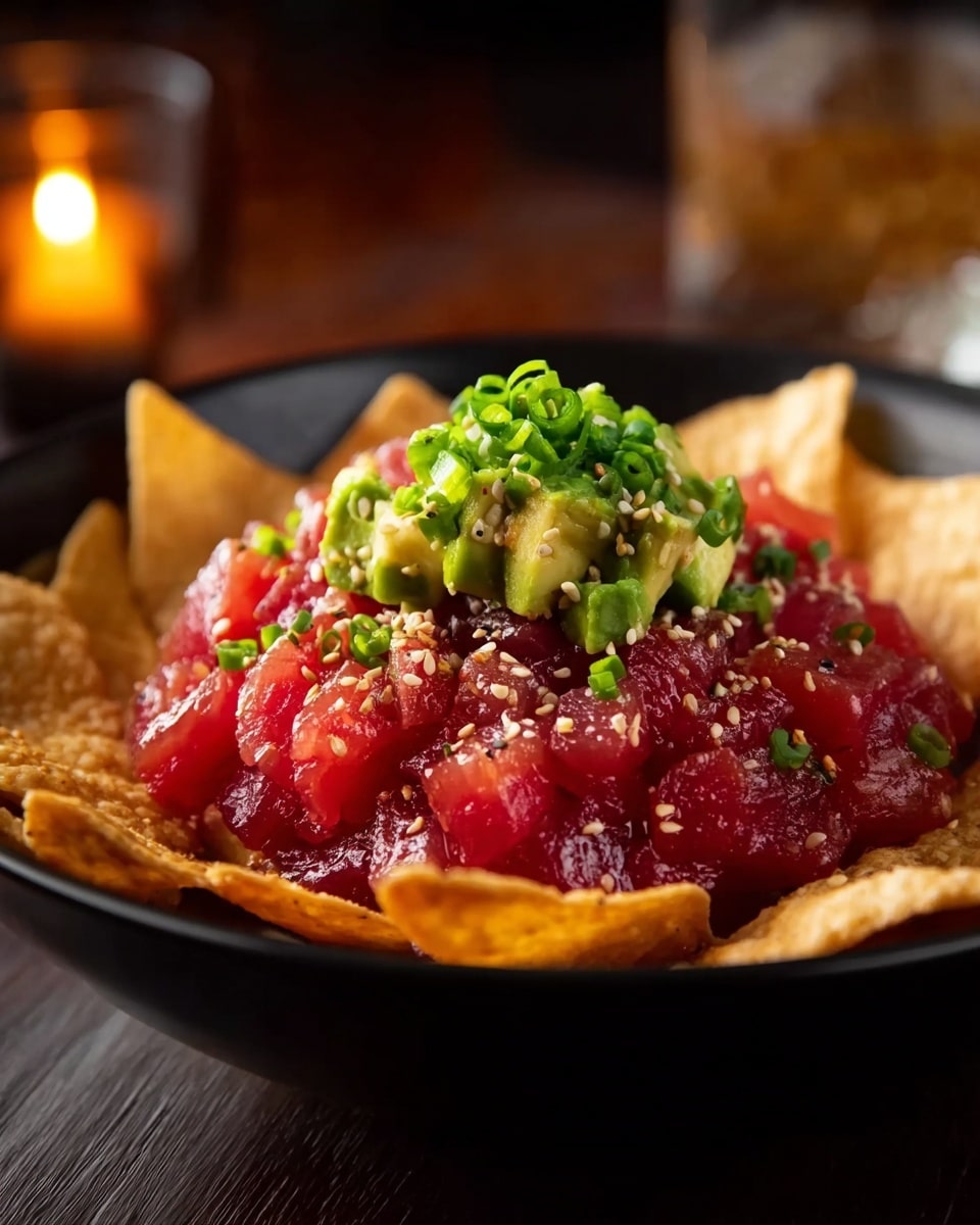 A black bowl holds a dish with three layers: the bottom layer is crispy golden tortilla chips arranged around the edge, the middle layer is a mound of bright red raw tuna pieces with a soft texture, and the top layer is a small heap of diced green avocado and chopped green onions sprinkled with white sesame seeds. The bowl sits on a dark wooden surface with warm, soft candlelight in the background. photo taken with an iphone --ar 4:5 --v 7