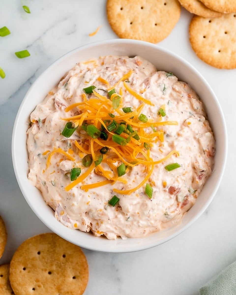 A white bowl filled with a creamy, light pink dip that has small chunks visible inside. The surface of the dip is slightly rough and uneven, topped with thin strands of shredded orange and white cheese scattered around. Small pieces of chopped green onions are sprinkled across the top. Around the bowl, there are round, light brown crackers placed on a white marbled surface. Photo taken with an iphone --ar 4:5 --v 7