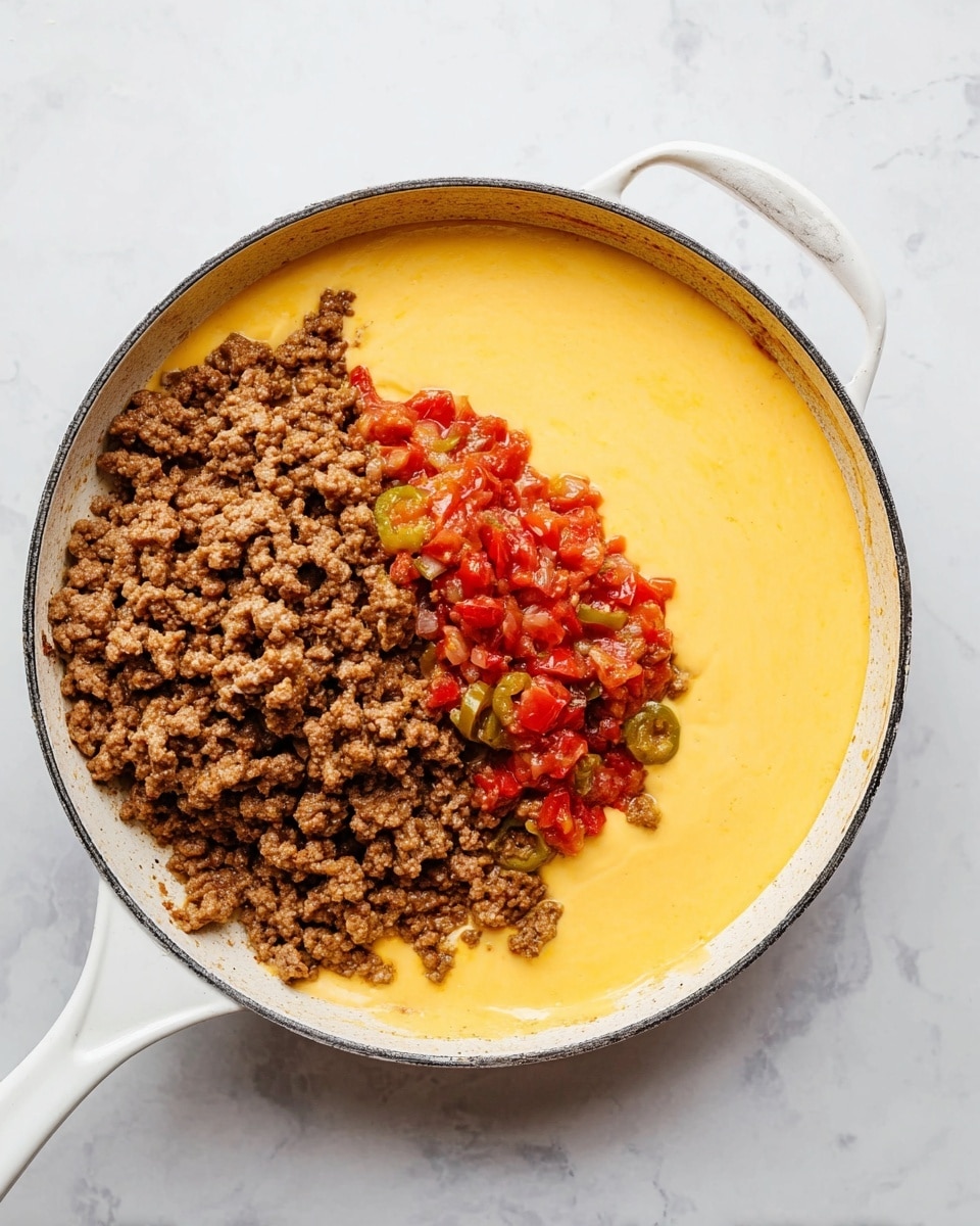 The image shows a white-handled skillet sitting on a white marbled surface, filled with three distinct layers of food. The bottom layer is a smooth, bright yellow cheese sauce covering the entire base of the skillet. On the right side, near the top, there is a small pile of chunky, red salsa with bits of green jalapeño mixed in, adding texture and color contrast. Covering the bottom left to middle area is a large mound of cooked ground meat, browned and crumbly with a coarse texture. The layers are clearly separated, and the skillet's inside edge is visible around the food. Photo taken with an iphone --ar 4:5 --v 7