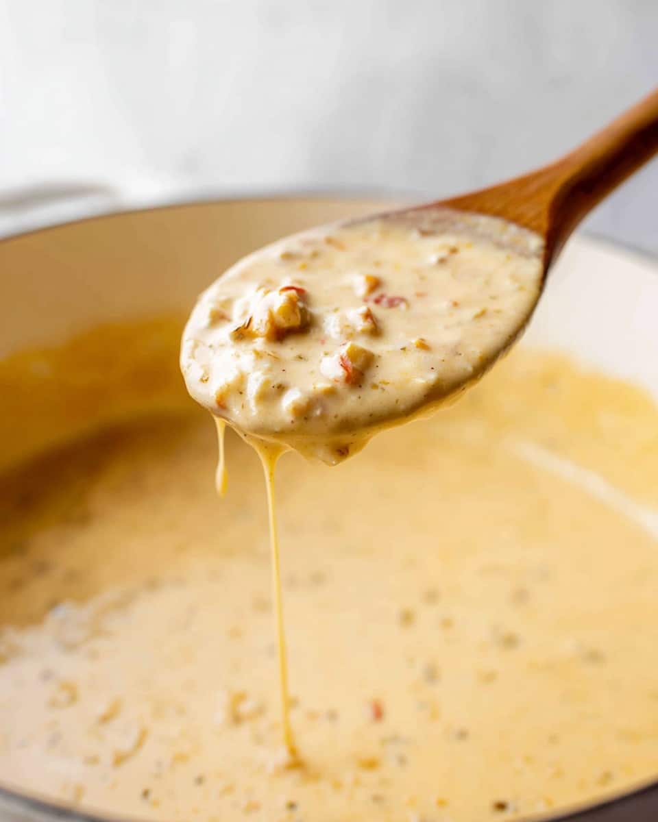 A close-up photo shows a thick creamy soup or sauce with small textured chunks, held on a wooden spoon above a large pot. The sauce is pale yellow with hints of light brown and small pieces that look like bits of vegetables or meat. A drip of the sauce falls gently from the spoon back into the pot below. The pot has a smooth white marbled surface background. The focus is on the spoon and sauce, with soft light highlighting the creamy texture photo taken with an iphone --ar 4:5 --v 7