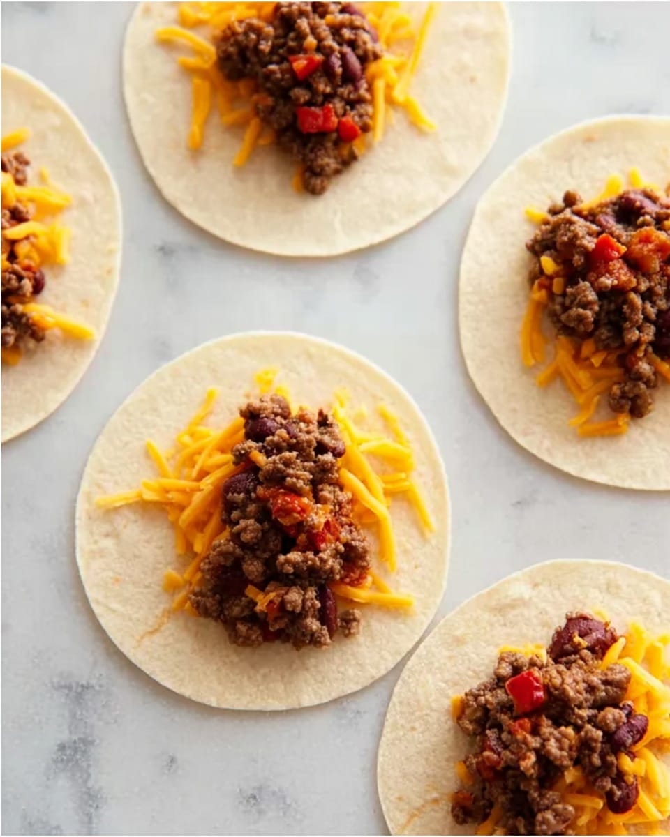 The image shows four white soft tortilla rounds laid flat on a white marbled surface. Each tortilla has one layer of cooked ground beef mixed with small pieces of diced tomatoes placed roughly in the center. On top of the beef and tomato mixture, there is a layer of shredded yellow cheese. The tortillas are spaced apart, with two near the bottom edge and two slightly higher. The textures are soft for the tortillas, crumbly for the beef, and stringy for the shredded cheese. Photo taken with an iphone --ar 4:5 --v 7