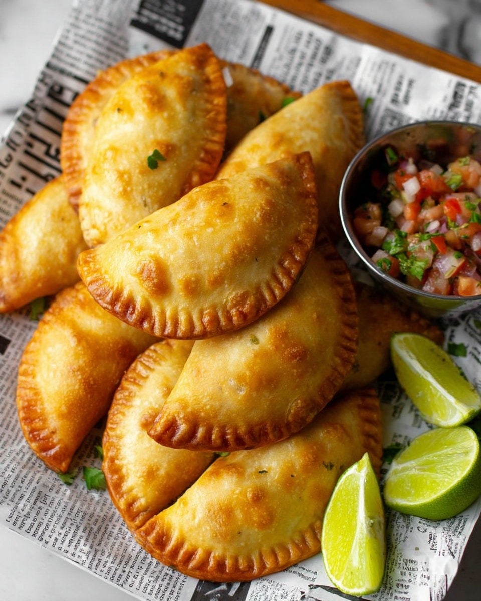 A pile of golden brown half-moon shaped pastries with a nicely crimped edge are stacked closely together on a white plate lined with black and white newspaper print. To the top right, there is a small round metal bowl filled with a chunky salsa made of diced tomatoes, onions, and green herbs. Two lime halves, bright green and fresh, are placed near the plate’s edge for garnish. The overall setting is on a white marbled surface. Photo taken with an iphone --ar 4:5 --v 7