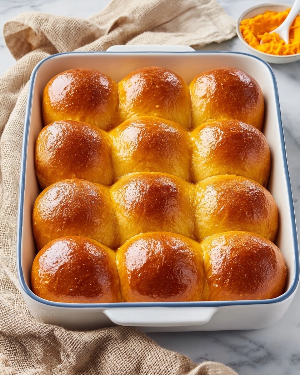 A white baking dish filled with twelve golden brown dinner rolls arranged in three rows of four. The rolls have a shiny, slightly crispy top and a soft, smooth texture, closely placed together so they gently touch each other. The dish is on a white marbled surface with a beige cloth partially visible to the side, and a small bowl of bright orange spread with a white spoon in the background. The overall look is warm, fresh, and inviting. photo taken with an iphone --ar 4:5 --v 7
