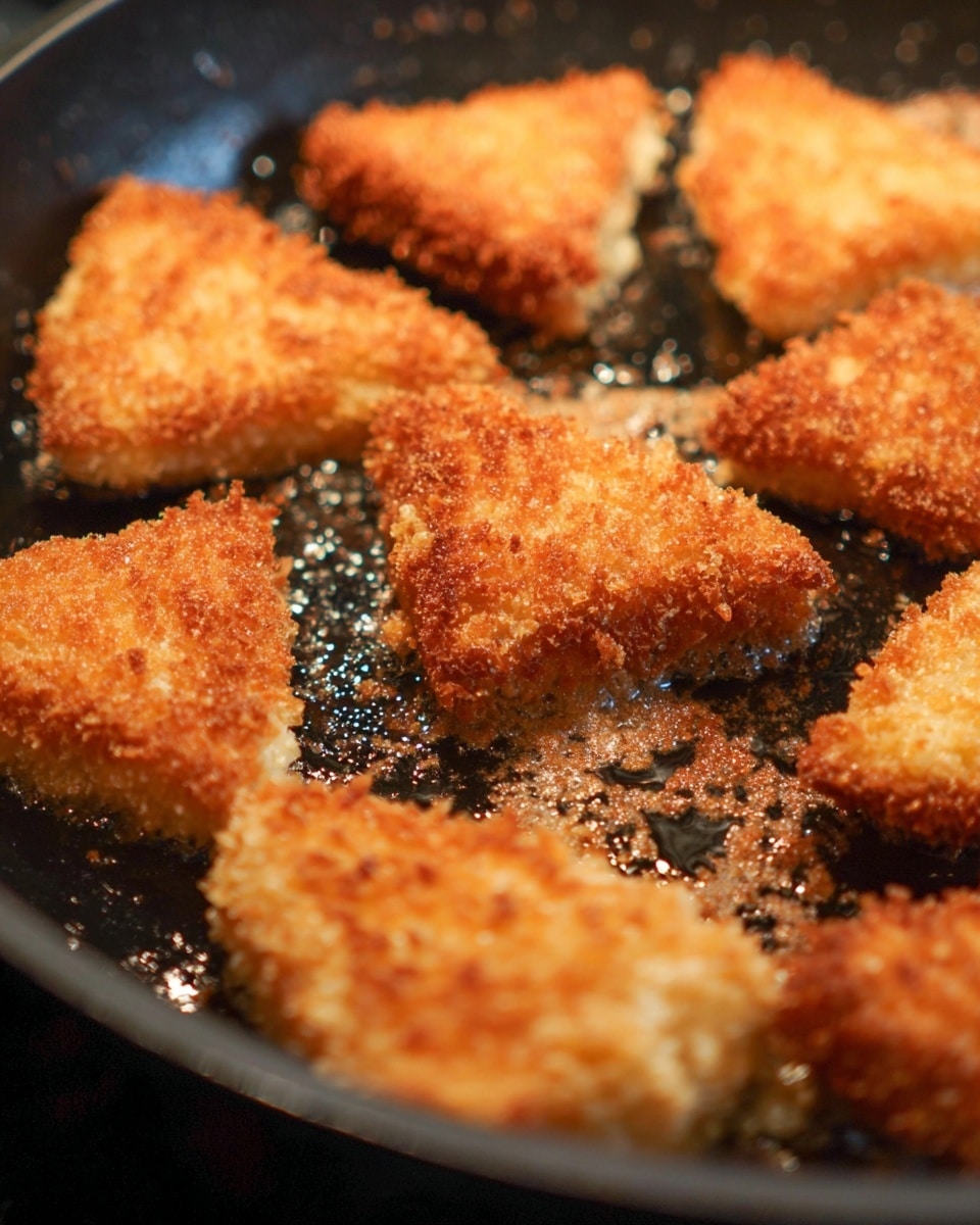 The image shows several triangular pieces of golden brown fried food cooking in a black pan. Each piece has a crispy, crunchy texture on the outside with a rough coating, and they are spread out in the pan with some oil glistening around them. The food looks warm and freshly fried, with a mix of lighter golden and deeper brown tones on the surface of each piece. The close-up view focuses on the front pieces, making the details of the crunchy texture very clear, while the background pieces are slightly out of focus. Photo taken with an iphone --ar 4:5 --v 7