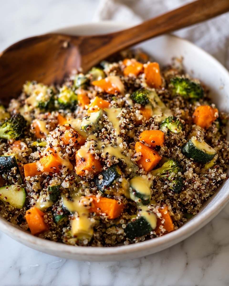 A large white oval plate holds a colorful quinoa salad mixed with small florets of green broccoli, orange baby carrots, and diced orange sweet potatoes. The quinoa is a blend of white and black grains, creating a speckled texture that fills most of the dish. A light creamy yellow dressing is drizzled unevenly over the top, adding a glossy and smooth finish. A wooden spoon with visible wood grain rests on the left side of the plate. The plate sits on a dark wooden surface with a piece of beige cloth partly visible in the lower left corner. photo taken with an iphone --ar 4:5 --v 7
