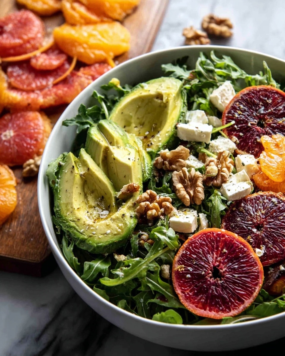 A white bowl filled with a salad on a white marbled surface shows the first layer of dark green arugula leaves spread evenly. On top are three halved avocados, light green inside, positioned around the bowl. Bright orange blood orange slices and deep red blood orange pieces lay beside the avocado. There are also white cheese cubes scattered in the salad. Walnuts, light brown with a rough texture, are sprinkled across the top along with a drizzle of olive oil and a sprinkle of black pepper. In the background, orange and blood orange segments are laid on a wooden board. Photo taken with an iphone --ar 4:5 --v 7