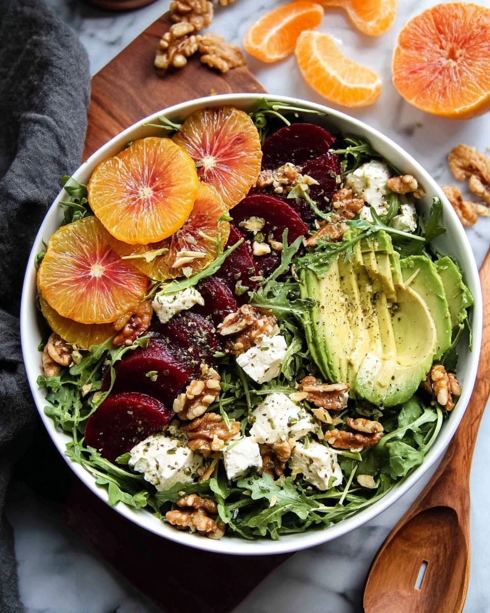 A fresh salad is shown in a white bowl, filled with dark green arugula leaves as the base layer. On top, there are thinly sliced rounds of blood orange and bright orange citrus fruit arranged on one side, with several slices of deep red beets on the other. Creamy white cubes of cheese are scattered throughout, along with clusters of brown walnuts adding texture. A smooth, light green avocado half is placed on one side, thinly sliced but kept together. The salad is lightly sprinkled with cracked black pepper and herbs. The bowl sits on a white marbled surface with some wooden utensils nearby and peeled citrus pieces in the background. Photo taken with an iphone --ar 4:5 --v 7