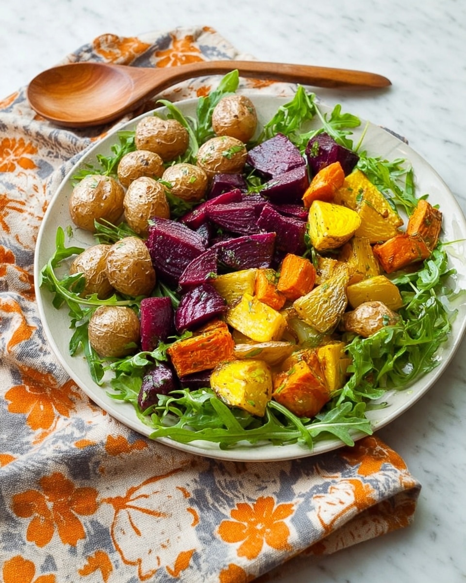 A white plate holds a colorful salad with three layers: the base layer is bright green arugula leaves spread evenly; the second layer has small, round, light brown roasted potatoes with a slightly rough texture; the top layer includes irregular pieces of roasted vegetables in deep purple, bright yellow, and vibrant orange colors, with a slightly crispy surface and light seasoning. The plate sits on a white marbled surface with a folded napkin featuring orange and gray floral patterns and a wooden spoon resting on the napkin nearby. photo taken with an iphone --ar 4:5 --v 7
