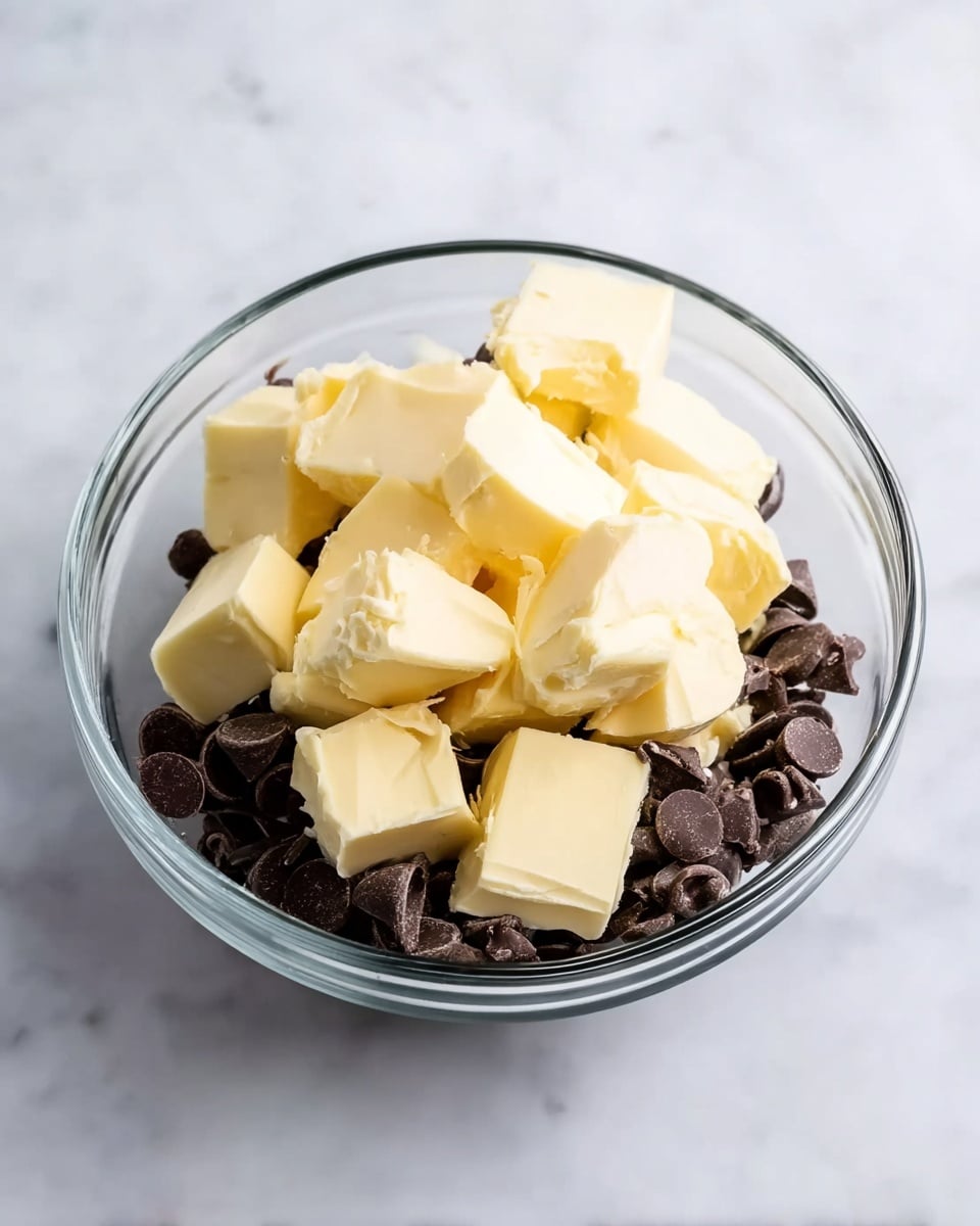 A clear glass bowl sits on a white marbled surface, filled with a layer of dark brown chocolate pieces at the bottom, topped with larger chunks of pale yellow butter scattered on top in an uneven pile, showing soft creamy texture and smooth edges, with the chocolate pieces smooth and shiny, some visible through the gaps between butter chunks, photo taken with an iphone --ar 4:5 --v 7