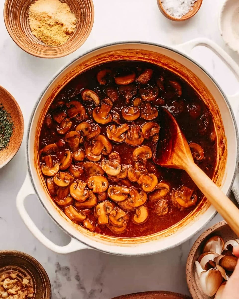 A white pot filled with cooked sliced mushrooms in a rich reddish-brown sauce. The mushrooms are spread evenly and partly submerged in the sauce. A wooden spoon rests inside the pot, angled slightly, stirring the mushrooms. Around the pot, there are bowls with other ingredients and a white marbled surface underneath. A woman's hand is not visible but implied by the spoon's position. photo taken with an iphone --ar 4:5 --v 7