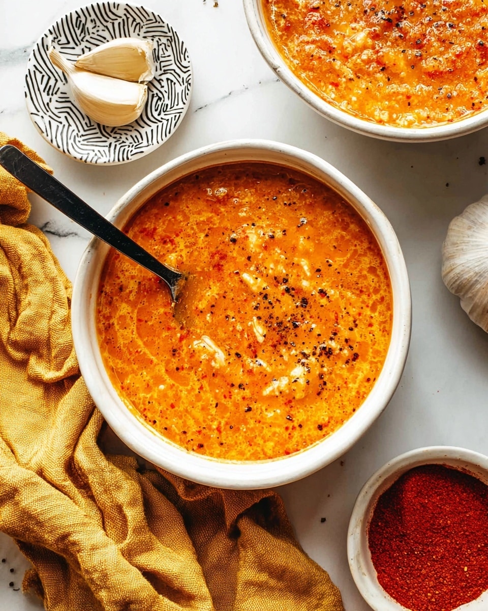 A white bowl filled with a creamy, orange and red soup that has small chunks and a slightly oily surface with black pepper specks. A black spoon is inside the bowl, resting on the edge. Next to it, part of another similar soup bowl is visible at the top right, showing the same textured soup. Nearby, a small white bowl contains red powder, and a white rounded plate with a zigzag black pattern holds a garlic bulb. A crumpled mustard-yellow cloth lies near the soup bowl on a white marbled surface. photo taken with an iphone --ar 4:5 --v 7