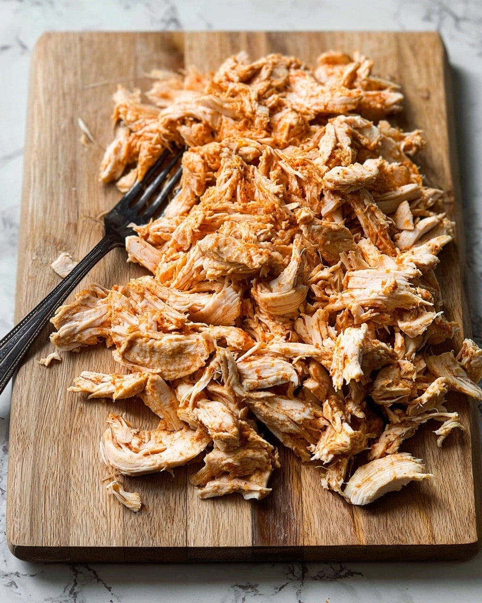 A large pile of shredded cooked chicken with a light orange seasoning spread evenly, resting on a wooden cutting board with visible wood grain. The chicken pieces vary in size, showing fibrous texture with some slightly crispy edges. A dark metal fork lies on the left side of the cutting board, partially inserted into the chicken. The board is placed on a white marbled surface. photo taken with an iphone --ar 4:5 --v 7
