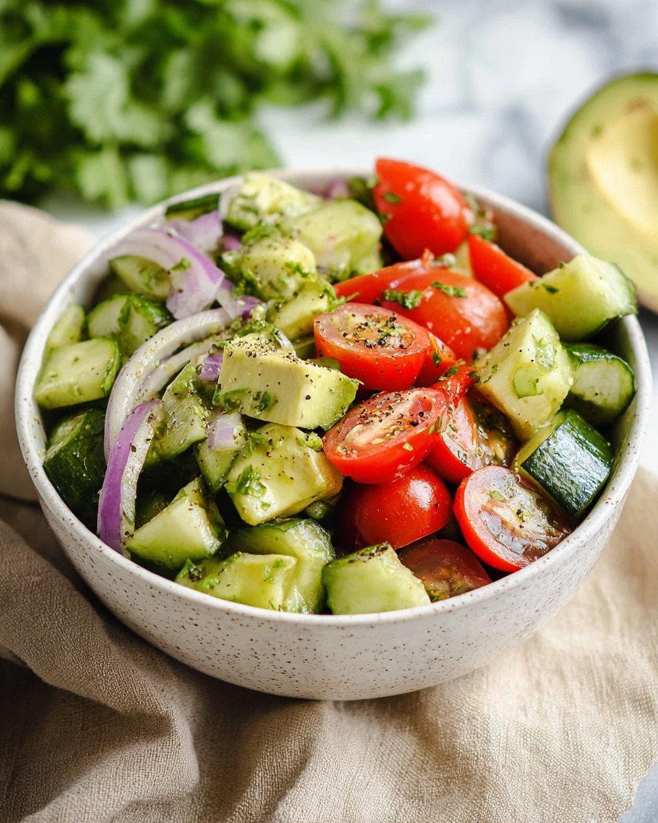 A bowl filled with a fresh salad featuring three main layers: the bottom layer is light green cucumber chunks with dark green skin visible, the middle layer has bright red cherry tomatoes, and the top layer shows pale green avocado pieces mixed with thin slices of light purple onion and sprinkled with green herbs and black pepper. The salad is served in a white speckled ceramic bowl placed on a beige cloth, set on a white marbled surface, with blurred green lettuce and cilantro leaves in the background. Photo taken with an iphone --ar 4:5 --v 7