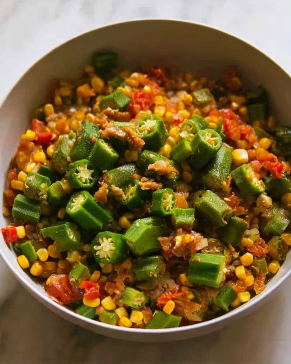The image shows a bowl filled with a colorful vegetable dish. The bottom layer contains small, round yellow corn kernels mixed with tiny diced red and orange vegetables, creating a textured and vibrant base. On top of this, there are chunky pieces of green okra, some sliced and some whole, adding a fresh and bright green color. The vegetables appear slightly cooked but still fresh, with a mix of soft and firm textures. The bowl is white and sits on a white marbled surface. The lighting highlights the vegetables’ natural colors and textures. Photo taken with an iphone --ar 4:5 --v 7