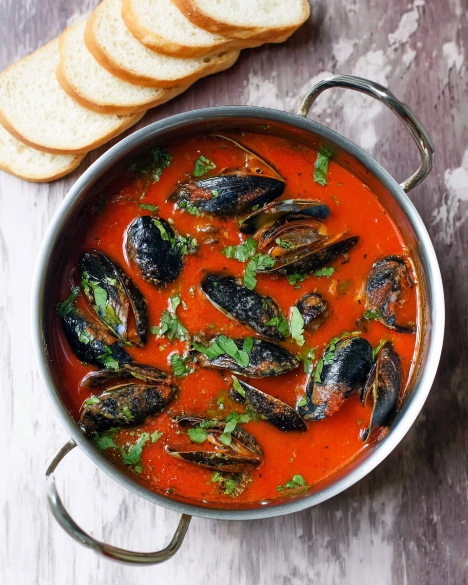 A round metal pot filled with bright red tomato soup. The soup has black mussels with shiny shells scattered throughout, and green leafy herbs sprinkled on top for decoration. The pot has two round handles on each side and rests on a white marbled surface. To the upper left of the pot, there are several slices of white bread stacked, showing their soft texture. photo taken with an iphone --ar 4:5 --v 7