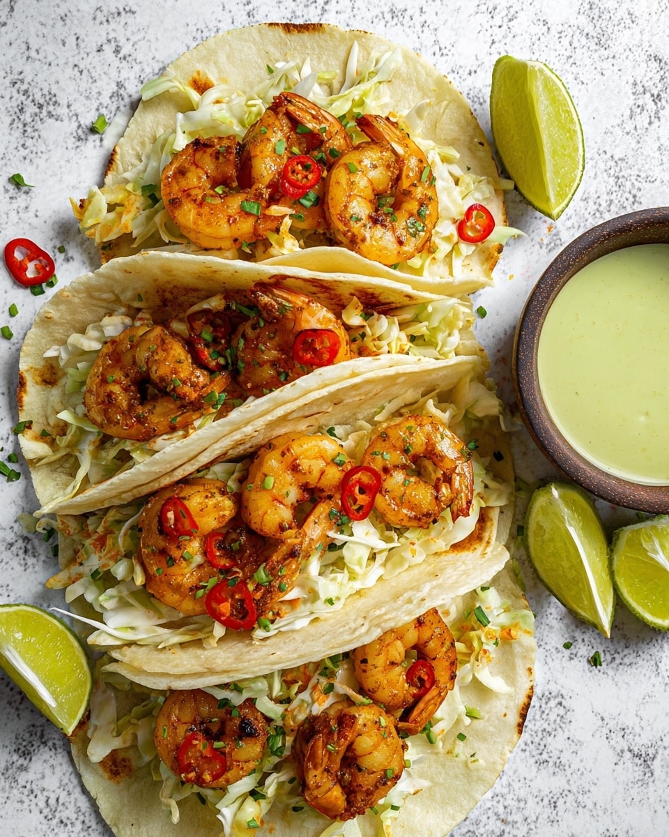 Three soft white tortillas hold layers of food lying on a white marbled surface. Each tortilla is filled with a layer of chopped white cabbage mixed with small green herb leaves, topped with several cooked orange shrimp that appear seasoned and slightly browned. Small slices of red chili peppers and green herbs are scattered over the shrimp. Alongside the tortillas are two lime wedges, and a small brown bowl filled with a smooth light green sauce. The colors are warm and fresh with highlights on the shrimp and textures on the tortilla. photo taken with an iphone --ar 4:5 --v 7