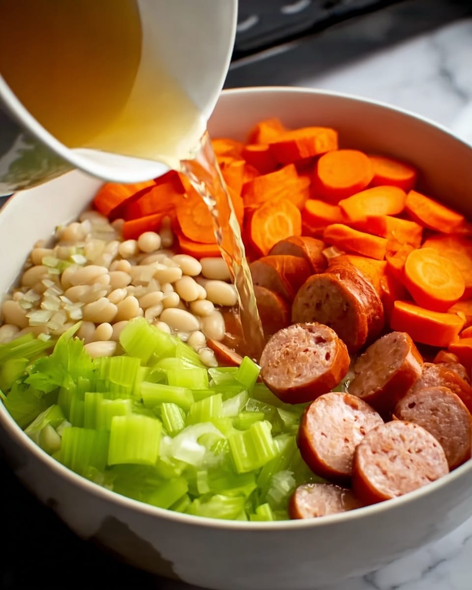 The image shows a close-up of a bowl with several layers of ingredients arranged inside. At the bottom, there is a layer of small white beans, topped with chopped white garlic. On one side, there are thick orange carrot slices stacked neatly, next to sliced brown sausage with visible texture inside. Next to the carrots, there is a section of light green celery pieces. On top of these ingredients, a woman’s hand is pouring clear broth into the bowl. The bowl is white and placed on a white marbled surface. photo taken with an iphone --ar 4:5 --v 7
