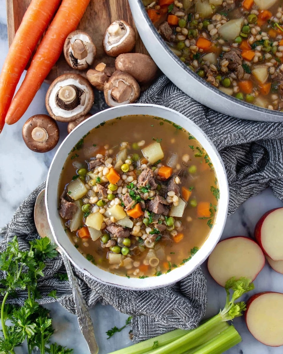 A white bowl filled with a light brown broth soup containing layers of small chunks of dark brown meat, orange carrot cubes, green peas, beige barley, and light tan potato pieces, all mixed together and floating evenly throughout. The bowl is placed on a grey and white striped cloth surrounded by whole brown mushrooms, some cut in half to show white inside, whole carrots, green celery stalks, fresh green parsley sprigs, and thin round slices of pale beige potato with a reddish outer edge. In the top right corner, part of a large white pot filled with the same soup is visible, all set on a white marbled textured surface. Photo taken with an iphone --ar 4:5 --v 7