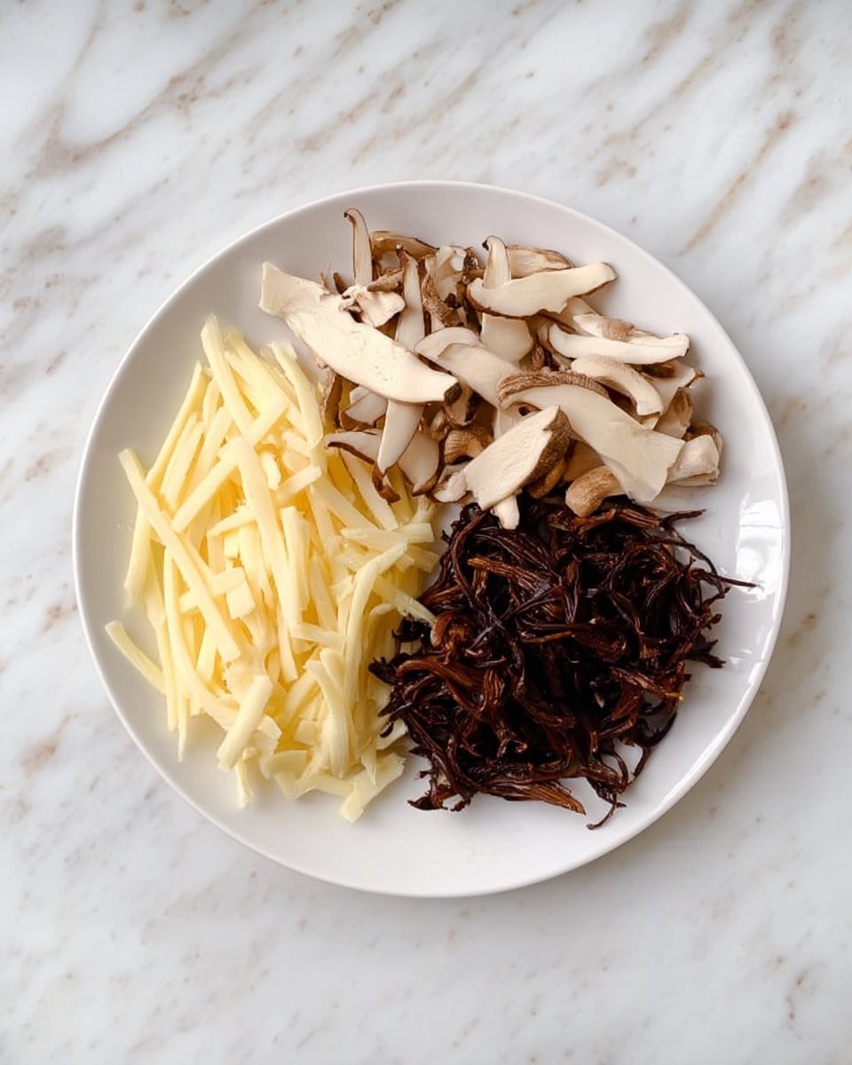 A white plate sits on a white marbled surface, filled with three main layers positioned side by side. One section has light yellow thin strips resembling cheese or julienned potatoes with a soft texture. Next to it is a pile of light brown and cream mushroom slices with a slightly rough surface. The last portion features dark brown, thin, curly strips that resemble wood ear mushrooms or seaweed, adding contrast to the plate. The arrangement is simple and clean, with each item clearly separated. photo taken with an iphone --ar 4:5 --v 7