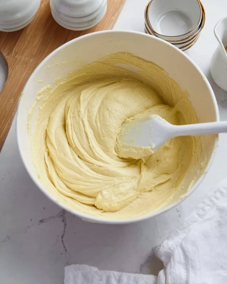A white bowl filled with smooth and creamy pale yellow batter, with soft folds and swirls visible on the surface. A white spatula with some batter on it rests inside the bowl, angled slightly downward and touching the batter. The bowl sits on a white marbled surface, with a wooden board, a white cloth, and white ceramic containers with silver rims placed neatly in the background. The overall scene is bright and clean, showing a fresh moment in baking preparation. photo taken with an iphone --ar 4:5 --v 7