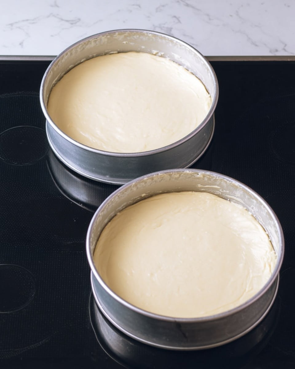 Two round silver cake pans sit side by side on a black stovetop with four circular burners faintly visible under the surface. Each pan is filled with an even layer of smooth, pale yellow batter that is spread out flat and ready to bake. The metal pans have a slightly worn look but are clean and sturdy. The surface beneath and around the pans is a white marbled texture. photo taken with an iphone --ar 4:5 --v 7
