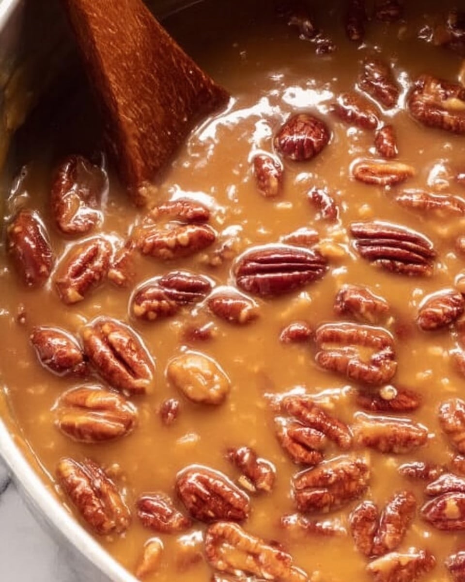 The image shows a close-up view of a smooth caramel sauce filled with many whole pecans in it. The sauce is a warm light brown color with a glossy texture, while the pecans are a mix of reddish-brown and darker brown, sitting mostly whole and partially submerged throughout the sauce. At the top left corner, a wooden spoon is partially visible, stirring the thick caramel and pecan mixture. The background surface is a white marbled texture. photo taken with an iphone --ar 4:5 --v 7