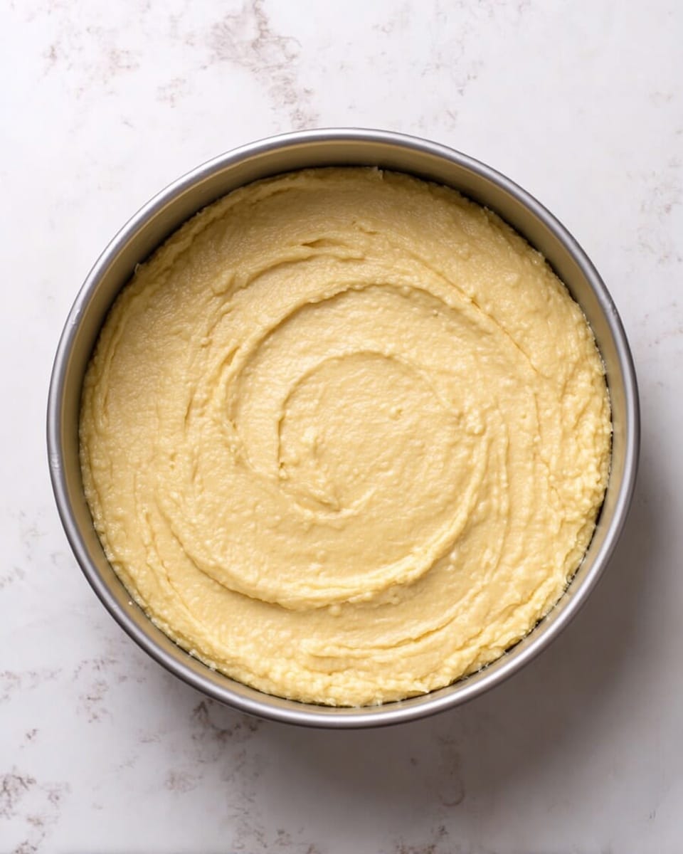 A round metal baking pan filled with one even layer of smooth light yellow batter, spread flat and swirled slightly on the surface. The pan sits on a white marbled textured surface, showing no other items or decorations around it. The batter looks soft and ready to bake, with a creamy, slightly thick texture. photo taken with an iphone --ar 4:5 --v 7