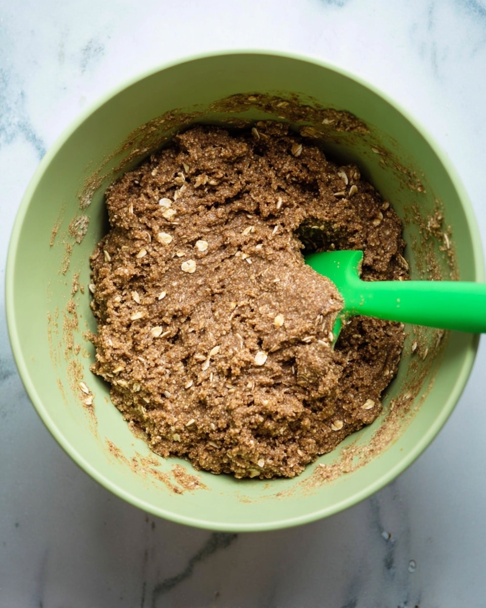 A light green bowl filled with thick, coarse brown cookie dough mixed with visible oats, the texture looks rough and dense. A green spatula is resting inside the bowl, partially covered with dough, lying across the top right side. The bowl is placed on a white marbled surface. photo taken with an iphone --ar 4:5 --v 7