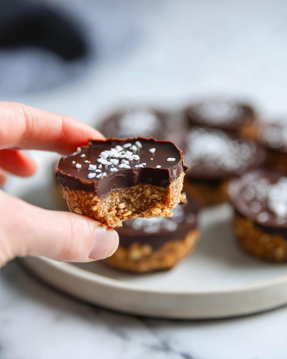 A close-up of a small round dessert held by woman's hand, showing two layers: a bottom layer with a light brown, crumbly texture that looks like oats or nuts, and a top layer of glossy dark chocolate sprinkled with small white flakes. In the background, a white plate holds several more of the same desserts, set on a white marbled surface. The chocolate layer is smooth and shiny, contrasting with the rough texture of the bottom layer. Photo taken with an iphone --ar 4:5 --v 7