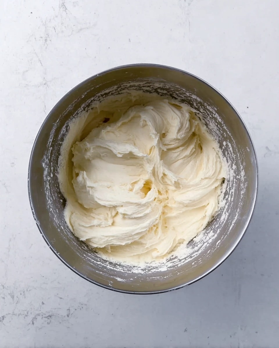 A metal mixing bowl filled with smooth, creamy white dough that looks soft and thick. The dough is swirled and folded in the bowl, showing its fluffy texture. Small traces of flour dust line the inside edges of the bowl. The bowl sits on a white marbled surface with subtle gray veins. The image is clear and bright, showing the dough's texture well. photo taken with an iphone --ar 4:5 --v 7