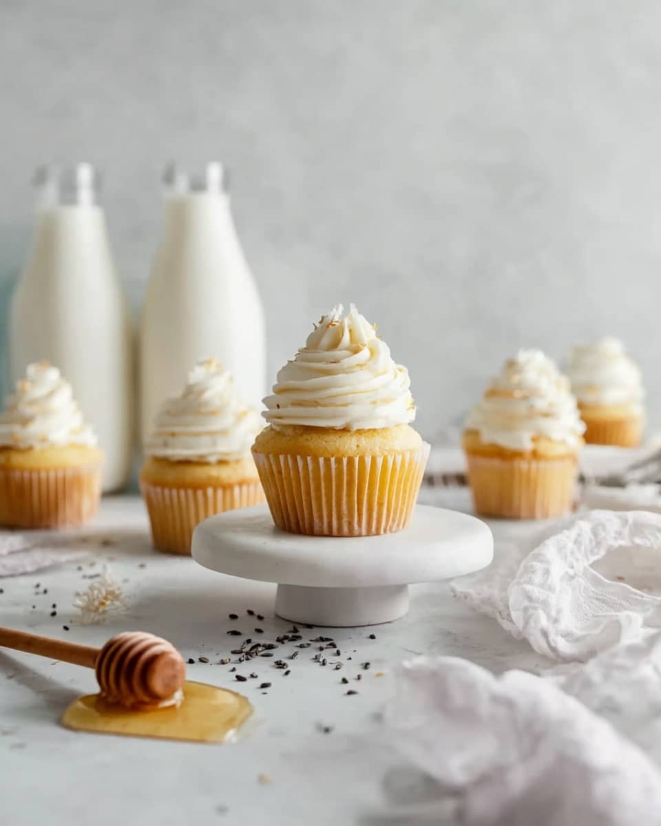 A yellow cupcake with a soft, light texture sits in the center on a white round stand, topped with swirled white cream frosting that has a smooth and fluffy look. Around it, there are three more identical cupcakes placed on a white marbled surface, each with the same creamy frosting swirl. Behind them, there are white bottles and a glass jar filled with milk, all softly blurred. In front of the stand, a wooden honey dipper lies on the surface with some honey around it, and small black seeds are scattered nearby. A white cloth is softly placed on the right side, adding a cozy touch to the clean, bright scene. photo taken with an iphone --ar 4:5 --v 7