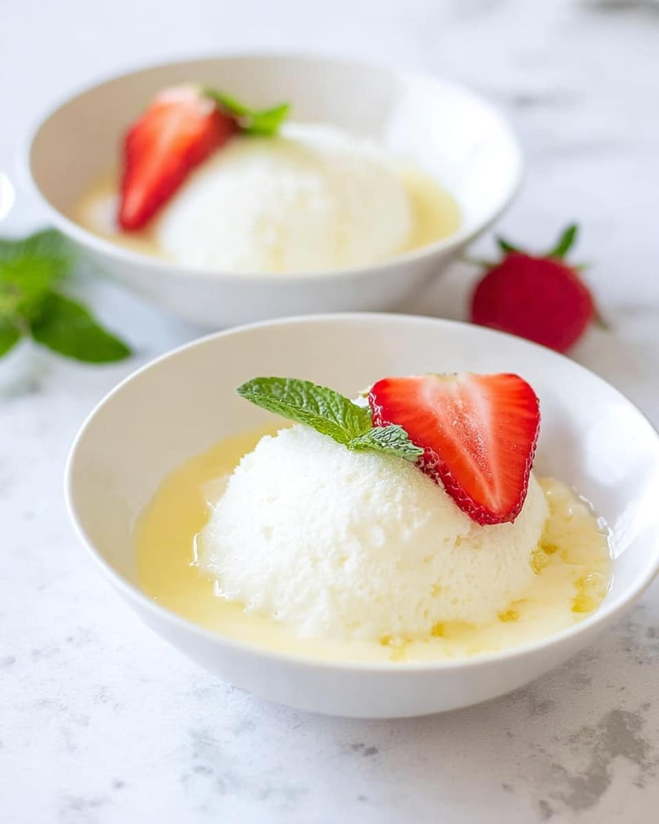 The image shows a white bowl filled with a light yellow creamy layer at the bottom, topped with two soft, white, fluffy scoops that look like whipped cream or a soft dessert. On top of the white layer, there is a small red strawberry slice and a bright green mint leaf adding color and freshness. The bowl sits on a white marbled surface with a golden spoon placed next to it, and there are some more strawberries and green mint leaves blurred in the background. The lighting is soft and natural, giving the dish a fresh and clean look. Photo taken with an iphone --ar 4:5 --v 7