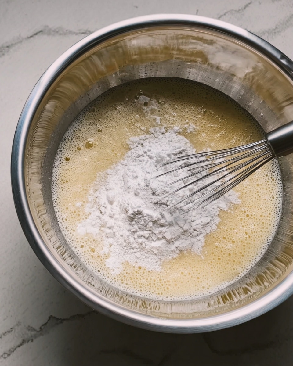 A shiny silver mixing bowl sits on a white marbled surface filled with a light yellow frothy liquid. On top of the liquid, there is a small heap of white powder. A metal whisk with thin wires is partially visible, held above the bowl. The metal sides of the bowl reflect the surroundings softly. photo taken with an iphone --ar 4:5 --v 7