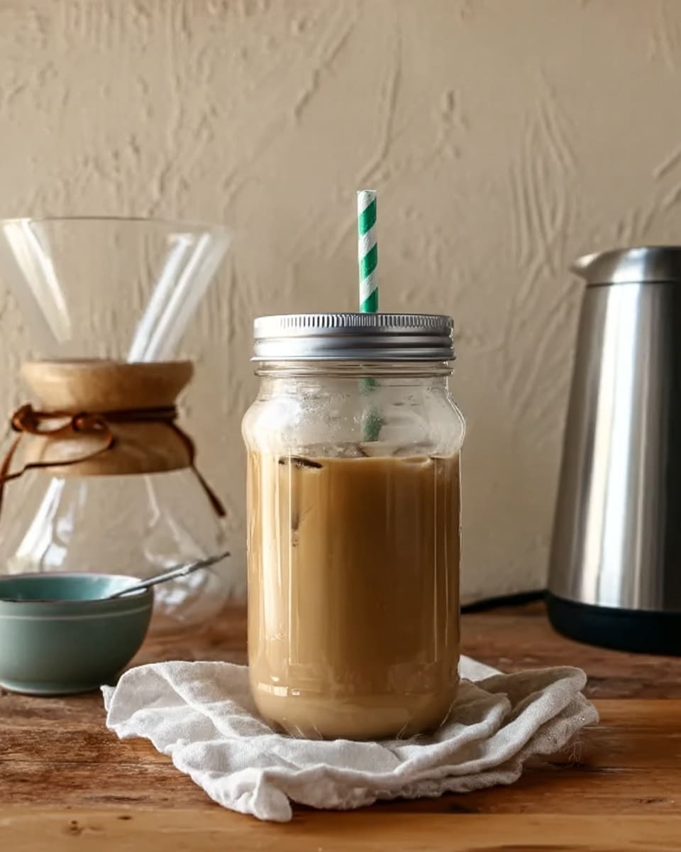 The image shows a clear tall glass jar filled almost to the top with a light brown creamy beverage. The jar is covered with a silver metal lid that has a hole for a green and white striped straw inserted at the center. The jar sits on a wooden surface that holds a white cloth with a brown leather tie. In the background, there is a clear glass coffee maker and a small bowl with a spoon inside, along with a shiny silver electric kettle on the right. The background texture is a simple beige wall. Photo taken with an iphone --ar 4:5 --v 7