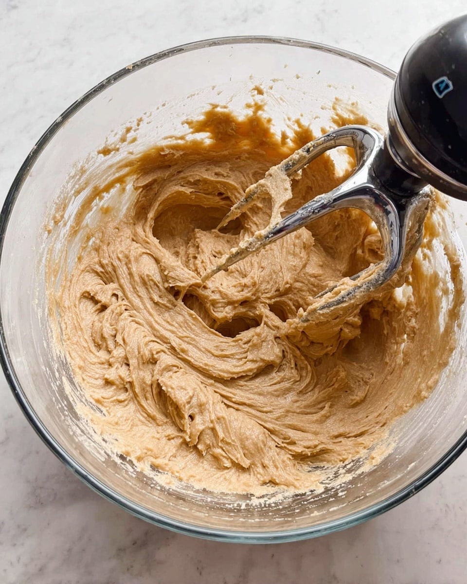 A clear glass mixing bowl sits on a white marbled surface, filled with a thick, light brown dough or batter being mixed by a black hand mixer with metal beaters partially covered in the dough. The dough has a creamy texture with visible swirls and ridges from mixing. The bowl’s sides are smudged with dough, showing the mixing process is underway. photo taken with an iphone --ar 4:5 --v 7
