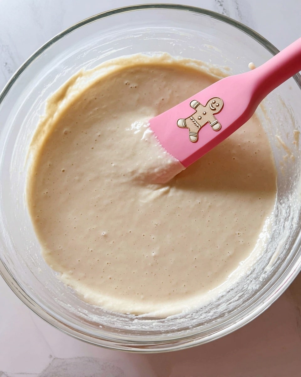 A clear glass bowl filled with a smooth, creamy light beige batter with some small bubbles throughout. A pink spatula with a cute gingerbread man design is partially resting in the batter, its edge slightly lifted revealing the creamy texture underneath. The batter clings softly to the sides of the bowl. The bowl sits on a white marbled surface. photo taken with an iphone --ar 4:5 --v 7