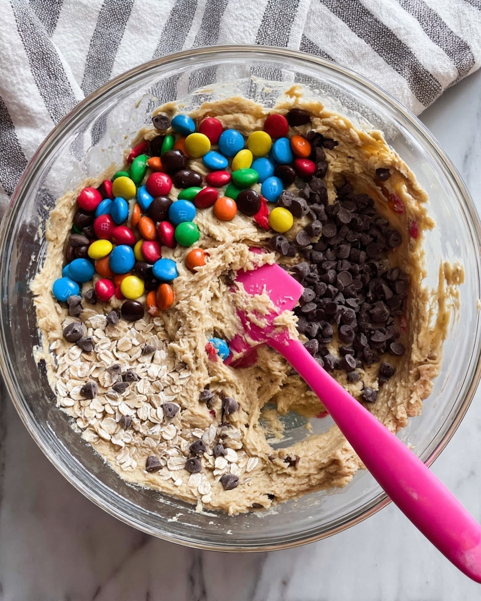A clear glass bowl filled with a thick beige dough base, topped with bright colorful candy-coated chocolates layered around the edge, small dark chocolate chips scattered mostly near the center, and light brown rolled oats sprinkled over both the dough and chips. A pink silicone spatula is partially mixed in, resting on the dough with some oats and chocolate chips stuck to it, all placed on a white marbled surface with a striped cloth nearby. photo taken with an iphone --ar 4:5 --v 7