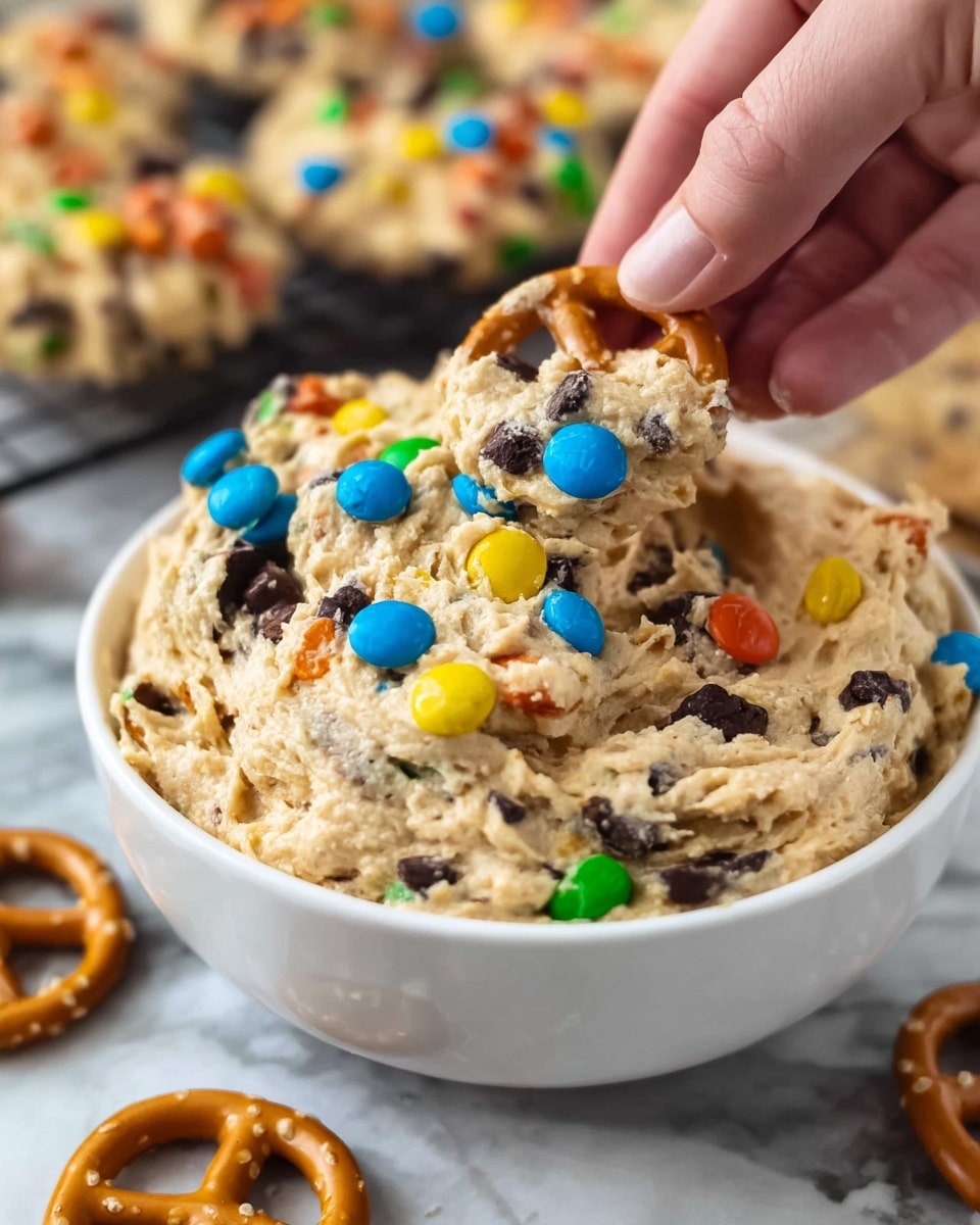 A white bowl is filled with chunky cookie dough that has many colorful candy-coated chocolates in blue, green, yellow, orange, and red, along with small dark chocolate chips scattered throughout. In the foreground, a woman's hand holds a small pretzel dipped into the thick dough, showing off its creamy and slightly textured mix. The background shows a white marbled surface with more cookies and pretzels nearby, and a blurred cooling rack with similar cookies. The whole scene is bright and focuses on the creamy, colorful, and sweet texture of the dough. photo taken with an iphone --ar 4:5 --v 7