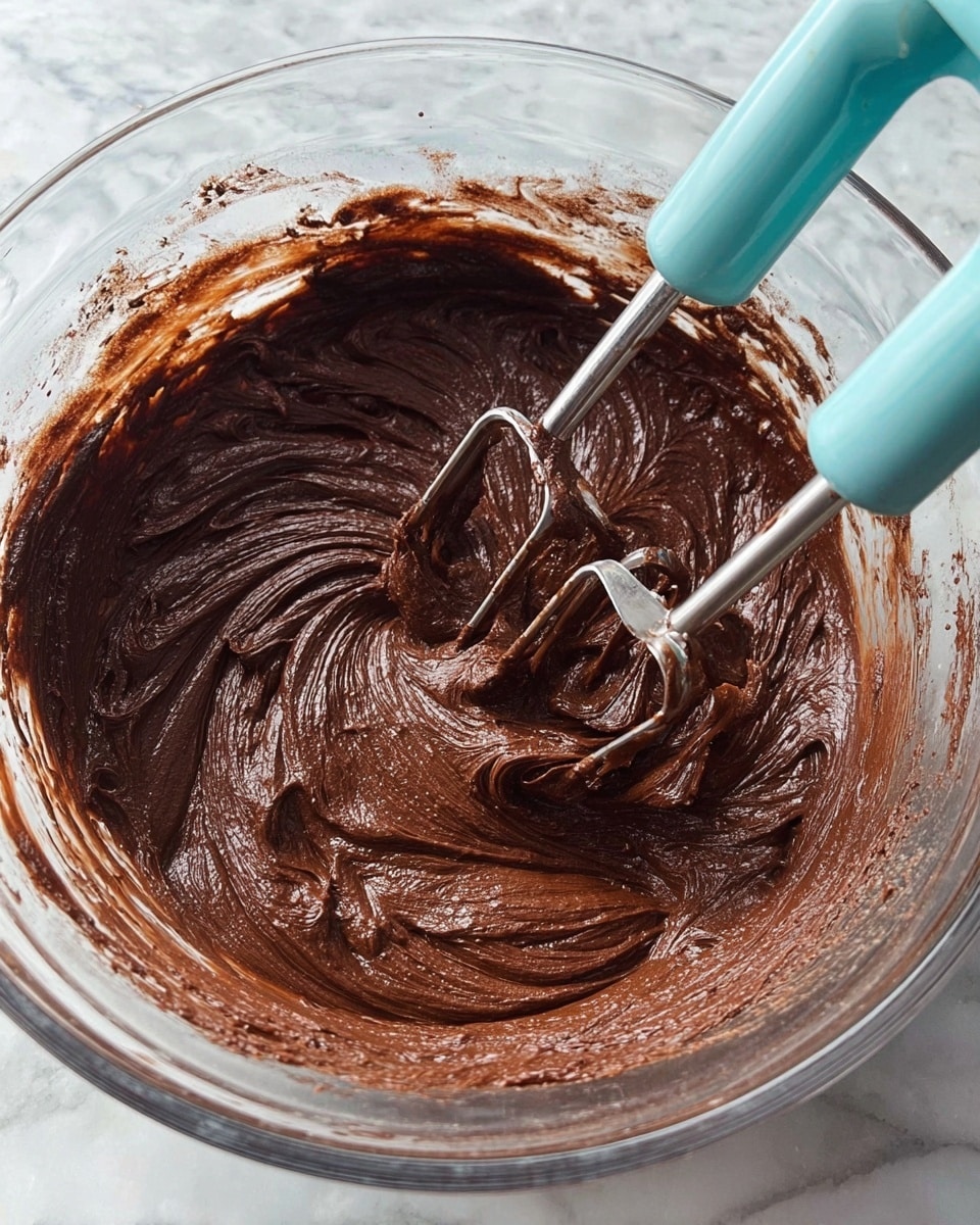 A clear glass bowl filled with thick, rich dark brown chocolate batter with a smooth, creamy texture and swirling patterns inside. Two metal beaters attached to a light blue electric mixer are partially submerged in the batter, with some batter clinging to the beaters and bowl edges. The bowl sits on a white marbled surface. Photo taken with an iphone --ar 4:5 --v 7