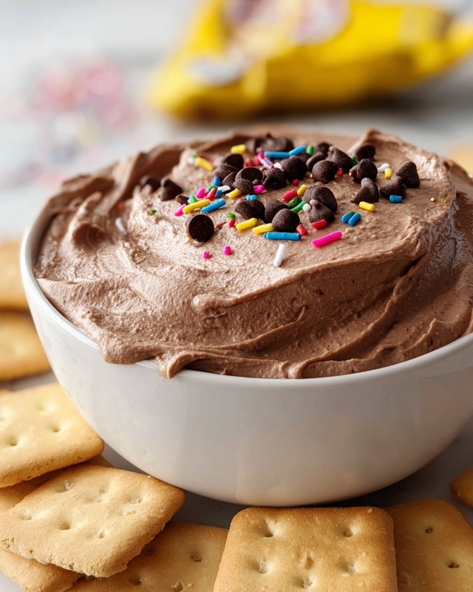 A white bowl filled with a thick, creamy layer of smooth chocolate mousse topped with small, round chocolate chips and colorful small sprinkle pieces scattered on top. The mousse has a shiny texture with soft peaks. The bowl sits on a white marbled surface surrounded by square beige crackers and round golden cookies. A yellow bag is blurred in the background. photo taken with an iphone --ar 4:5 --v 7
