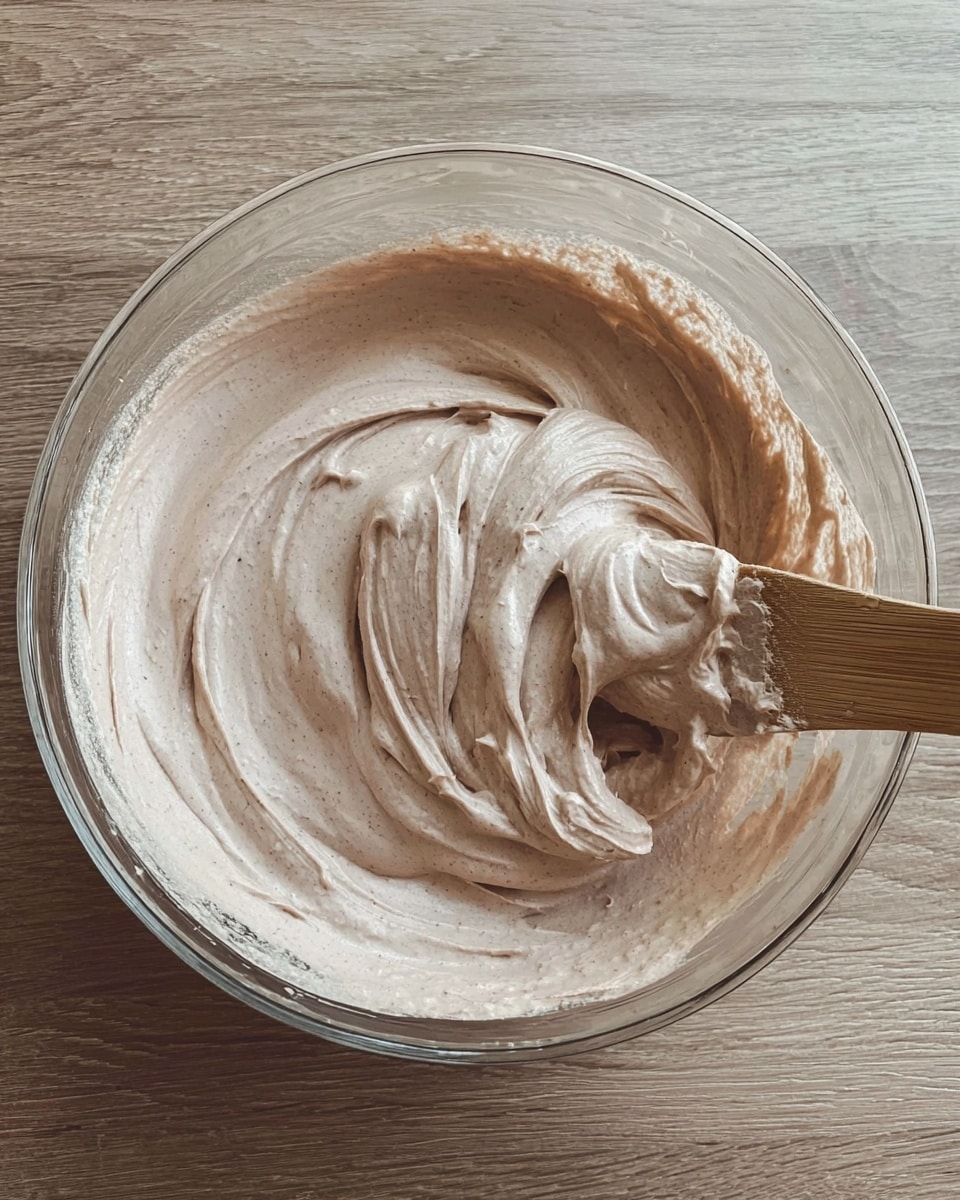 A clear glass bowl sits on a light brown wooden surface, filled with a thick, smooth, light brown creamy mixture that has soft swirls on its surface. A wooden spatula is partially submerged in the mixture on the right side, covered with the same creamy texture, showing some small air bubbles and a light, fluffy consistency. photo taken with an iphone --ar 4:5 --v 7