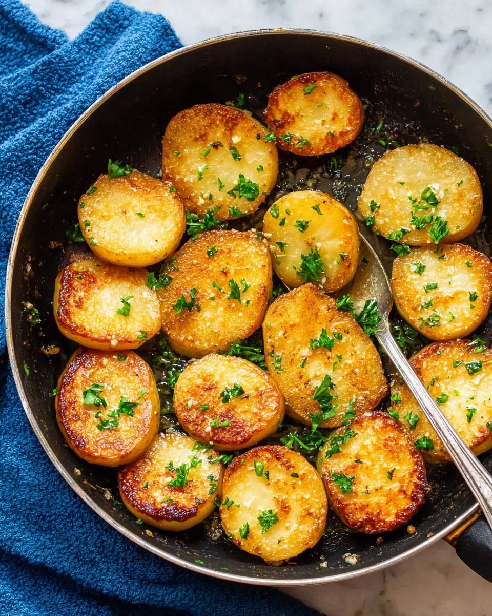 The image shows a black pan filled with twelve round golden-brown fried potato slices that are slightly crispy on the edges. They are spread evenly inside the pan and topped with small pieces of chopped fresh green parsley scattered over them. On the right side, a metal spoon rests inside the pan, partly under a few slices of potatoes. The pan sits on a white marbled surface with a blue cloth peeking out from the upper left corner. The potatoes have a shiny, slightly oily texture from cooking, and the overall look is warm and inviting. photo taken with an iphone --ar 4:5 --v 7
