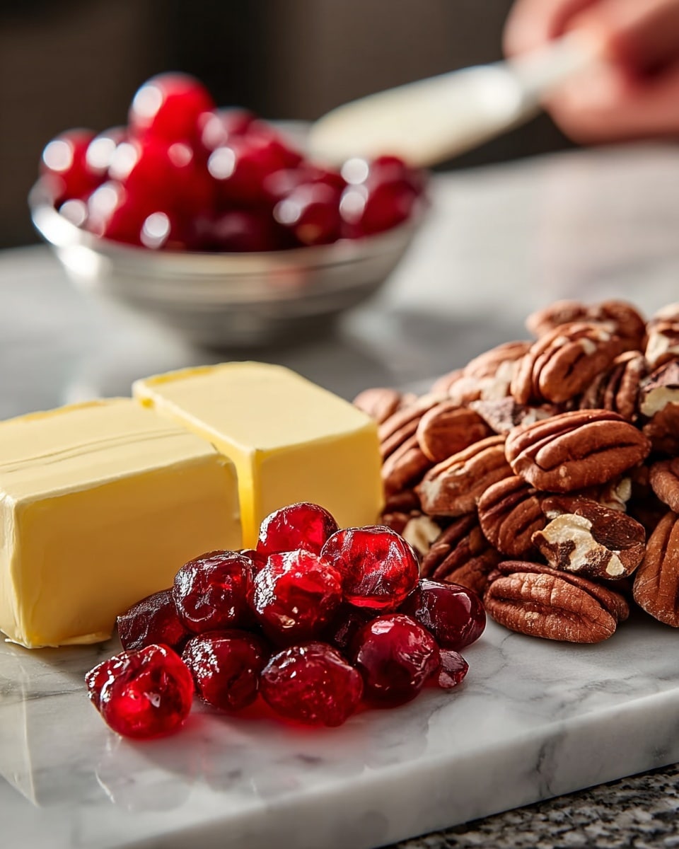 The image shows a close-up of three main food items placed side by side on a white marbled surface. On the left, there is a smooth, rectangular block of pale yellow butter with clean edges. In the middle, there is a small pile of shiny, bright red glazed cherries with a glossy, translucent texture that makes them look juicy. To the right, there is a heap of pecan halves, showing a rich brown color with lighter borders and a textured, slightly wrinkled surface. In the blurred background, a silver small bowl contains more red cherries, and a woman's hand is holding a white utensil resting on the white marbled surface. photo taken with an iphone --ar 4:5 --v 7