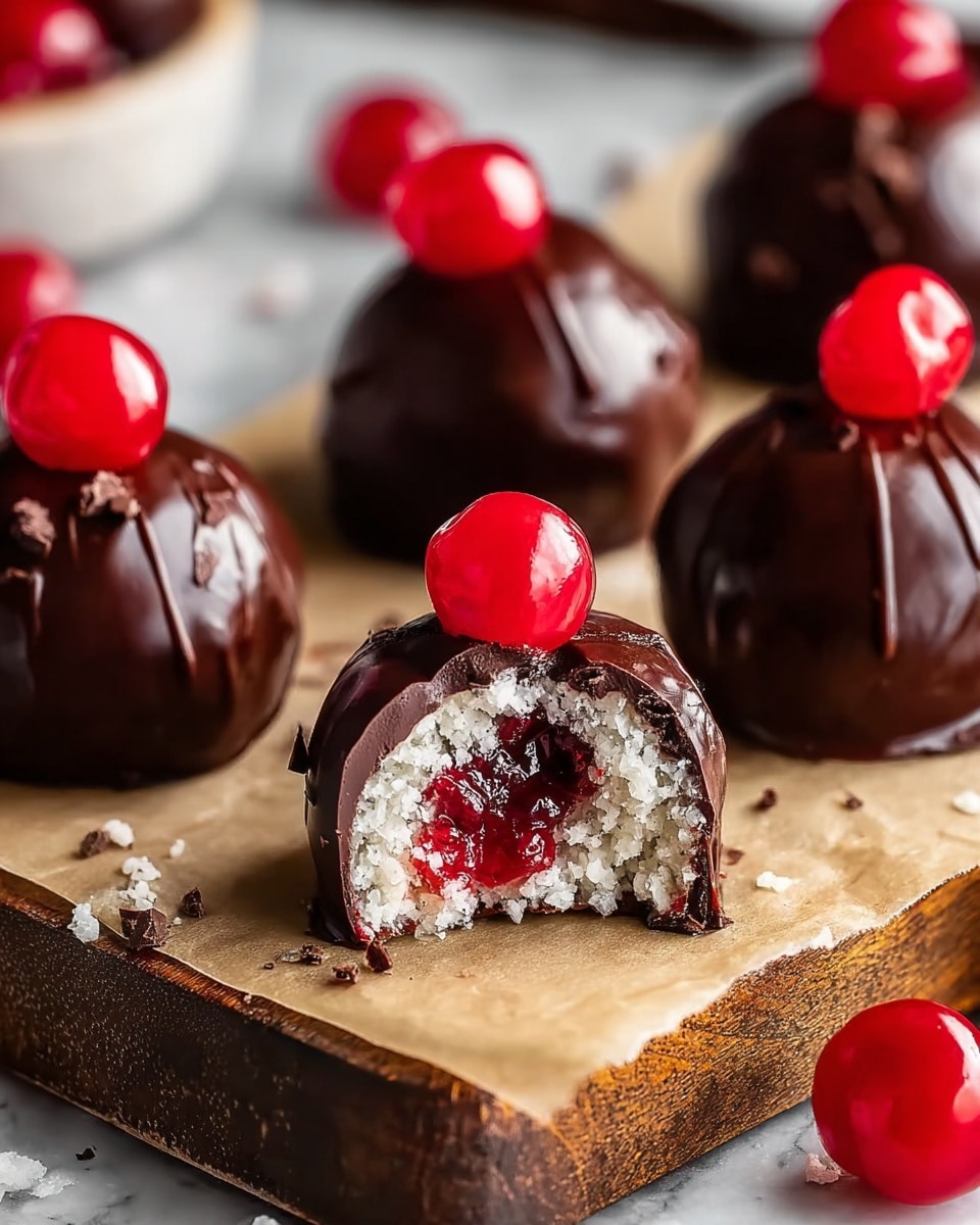 The image shows chocolate covered round treats arranged on a piece of parchment paper on a wooden board. Each treat has three layers: the outer shiny dark brown chocolate shell, a white crumbly inside layer, and a red jelly-like center. On top of each treat is a bright red glossy cherry. One of the treats in the front middle is bitten into, revealing all three inner layers clearly. The background is softly blurred with some cherries scattered around. The photo is taken with a white marbled texture surface. photo taken with an iphone --ar 4:5 --v 7