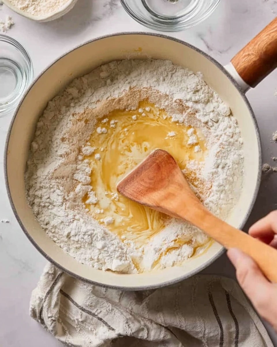A close-up image shows a white pot with a wooden handle on a white marbled surface. Inside the pot, there is a mix of white flour piles and a light yellow liquid, likely melted butter, being stirred by a woman's hand holding a round wooden spatula. The flour is scattered in uneven clumps around the edge, and the liquid pools in the center with a smooth texture. Surrounding the pot are a few small clear glass bowls partially visible, resting on a light-colored cloth with subtle stripes. The overall scene looks like the start of a cooking process. photo taken with an iphone --ar 4:5 --v 7