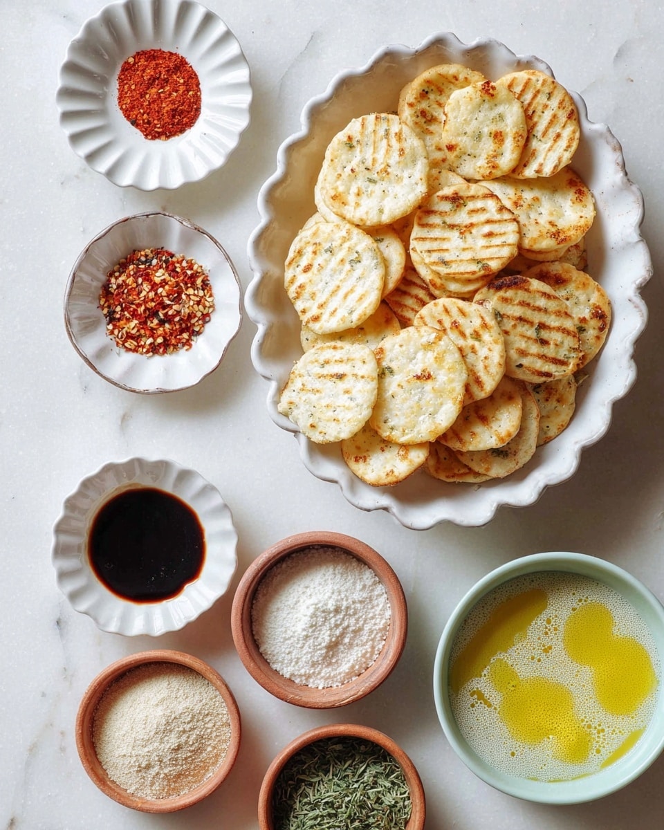 A white scalloped bowl full of round, golden crackers with grill marks stacked loosely inside it, sitting on a white marbled surface. Around the bowl are small round dishes: one white scalloped dish with a red powder spiral, one white scalloped dish with dark soy-like sauce filling the center, one small white bowl with green dried herbs at the bottom, and one light blue ceramic bowl holding melted yellow butter with some foam on top. There are also four small terracotta bowls holding white floury powder, sesame seeds, red chili flakes, and another light beige powder. photo taken with an iphone --ar 4:5 --v 7
