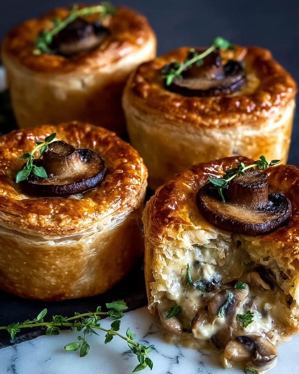 There are four golden brown round puff pastry pies standing on a dark surface with a white marbled texture. Each pie has a shiny, crispy top layer with a slice of cooked brown mushroom and small green herb sprigs as garnish. The front two pies show creamy mushroom filling inside with visible whole and sliced mushrooms, overflowing slightly. The layers of the pies include the crusty outer shell, a smooth creamy middle, and mushroom chunks inside. Additional herb sprigs lay around the pies on the white marbled surface. photo taken with an iphone --ar 4:5 --v 7