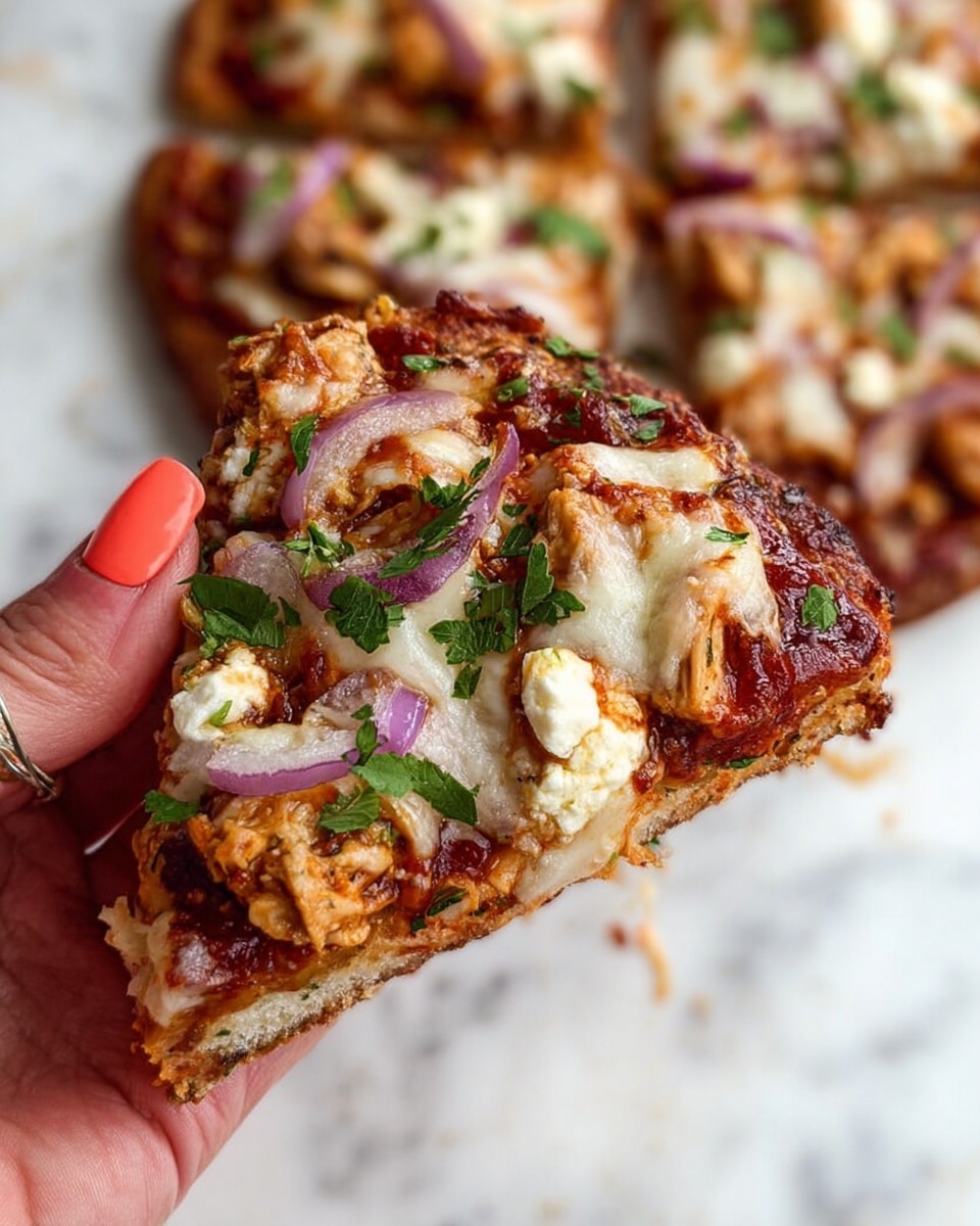 A close-up image of a small pizza slice held by a woman's hand with coral orange nail polish, showing a lightly browned crispy crust base. On top, there is a thick red sauce layer with melted creamy white cheese, small bits of browned chicken, thin purple onion slices, and scattered green parsley leaves. The background shows the out-of-focus full pizza with similar toppings on a surface with a white marbled texture. The overall look is colorful and fresh, with a mix of textures from soft cheese and crunchy crust. photo taken with an iphone --ar 4:5 --v 7